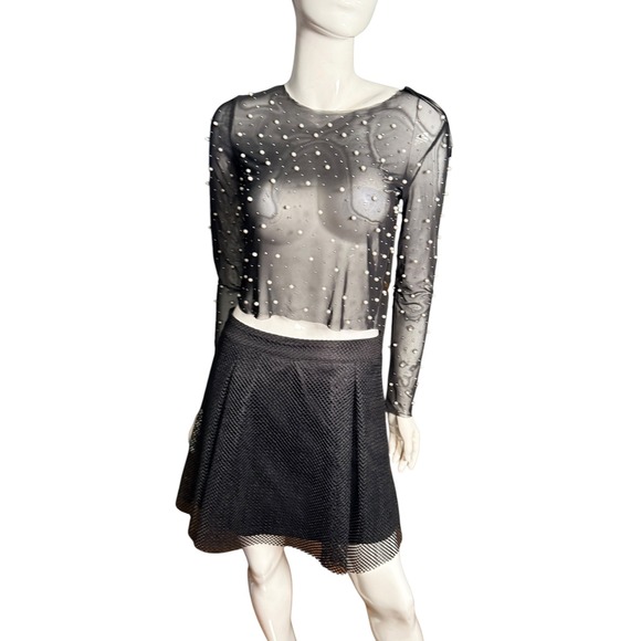 Thirty Thirty Tops - Thirty/Thirty LA Womens Black Sheer Mesh Pearl Embellished Crop Top Large